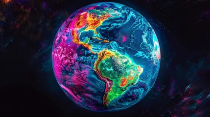Vibrant neon earth image highlighting continents and oceans with a captivating fluorescent glow.