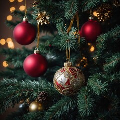 Fototapeta premium Shiny ornaments adorn the Christmas tree