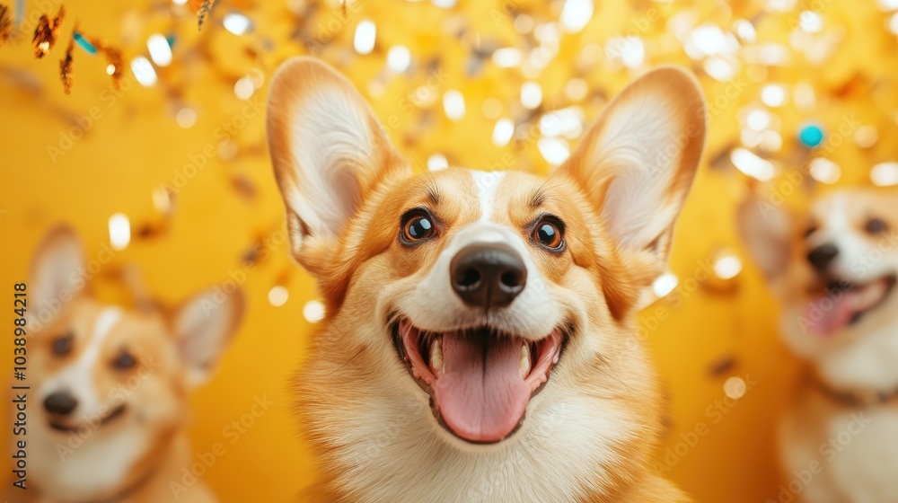 Wall mural a joyful corgi dog radiates happiness as it poses in front of a rich golden backdrop filled with swi