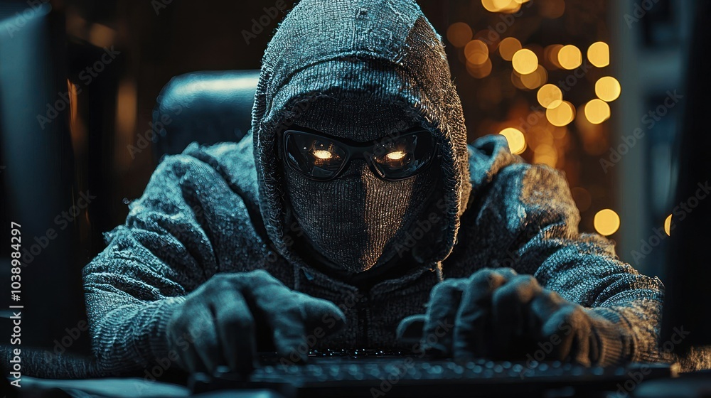 Poster masked figure with glowing eyes typing on keyboard