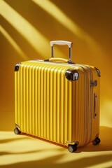 Fototapeta premium Bright yellow suitcase on a yellow fabric background creating a vibrant aesthetic atmosphere