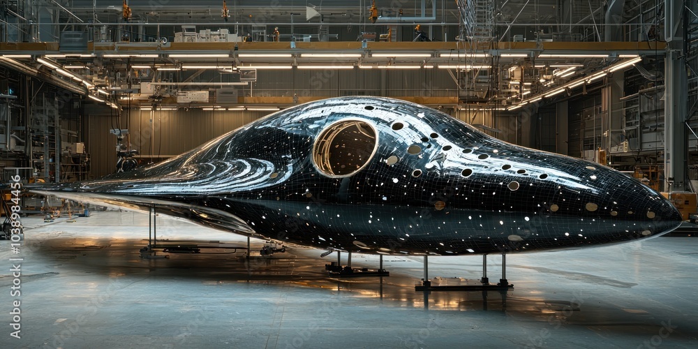 Poster a futuristic spacecraft with a unique design in a hangar