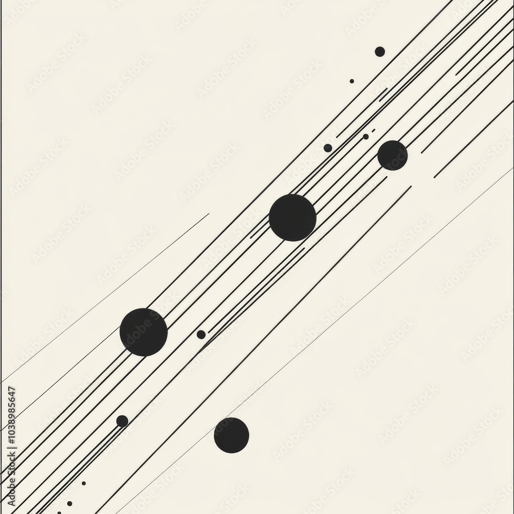 Poster diagonal black lines intersect with various-sized circles on a light background, creating a striking