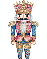 nutcracker figure, dressed in distinct, colorful outfits adorned with sparkling, clad in a multicolored outfit with gold,pink,blue , topped with shiny crown, classic facial features, festive, holiday 