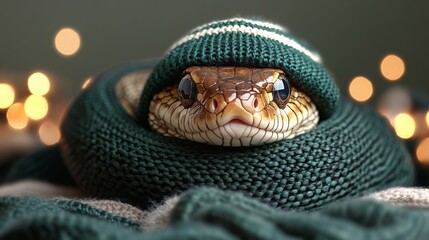 Fototapeta premium Merry Christmas and Happy New year 2025 with cute snake in xmas hat. Banner with copy space. Animal holidays cozy home party photo.