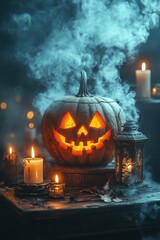 Halloween Pumpkin and Lantern on Rustic Table