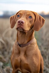 A majestic dog stands proudly in a field at sunset, capturing the beauty of a golden hour