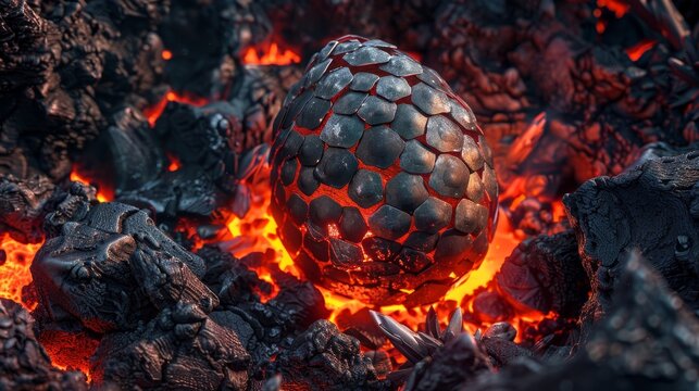 Captivating dragon egg resting among fiery coals in a volcanic pit  a medievalpunk masterpiece