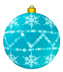 Light blue Christmas ball with a pattern and snowflakes on a transparent background. Christmas decoration toys