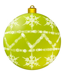 Yellow Christmas ball with a pattern and snowflakes on a transparent background. Christmas decoration toys