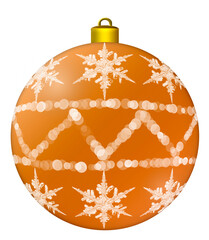 Orange Christmas ball with a pattern and snowflakes on a transparent background. Christmas decoration toys