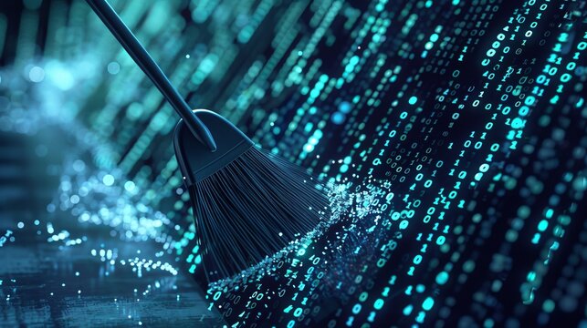 Visual representation of data cleansing  broom sweeping away binary code for cybersecurity focus