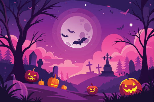 Halloween Night Cemetery Scene with Full Moon