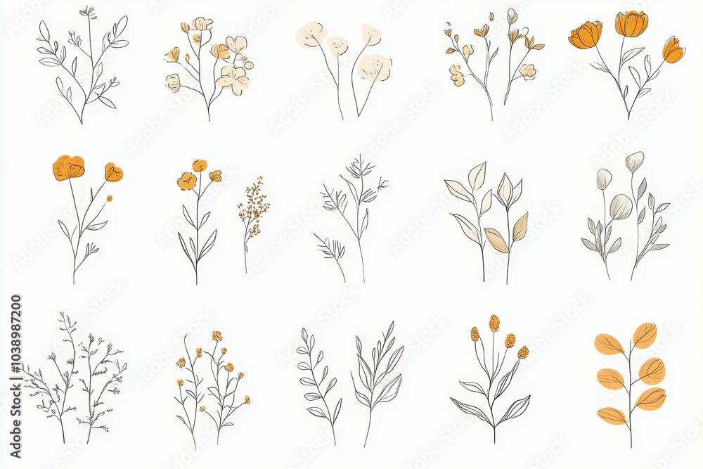 Poster these delicate doodles illustrate an array of flowers and leaves in a minimalist style, highlighting