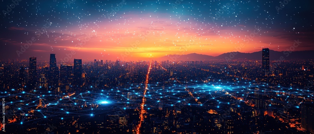 Poster a nighttime cityscape with a network of lights and lines