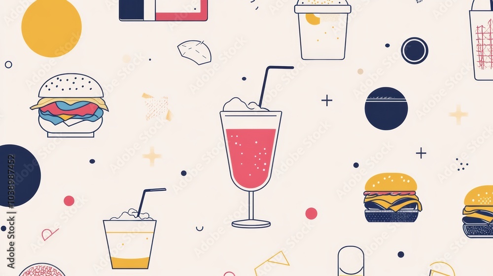 Poster an array of illustrated drinks and burgers fills the minimalist background, capturing the essence of
