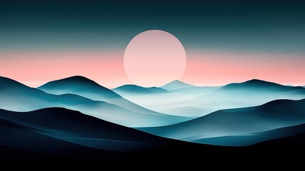 Fototapeta premium A painting captures a majestic mountain range bathed in the golden light of a rising sun against a backdrop of vibrant pink and blue sky