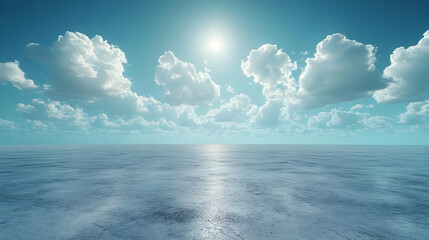 3D Illustration of a Calm Sea with a Sunny Sky and Clouds