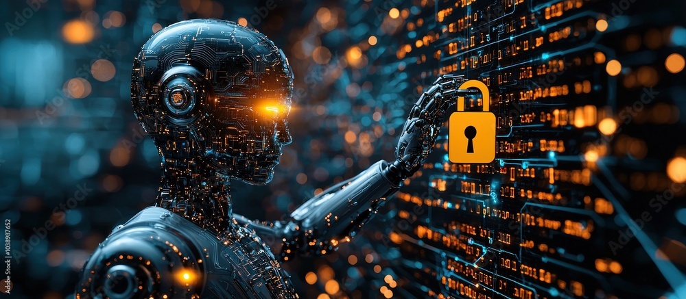 Aufkleber a robotic hand holding a padlock in front of a digital background