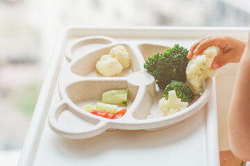 children's plastic plate with vegetables broccoli, cauliflower, cucumbers, tomatoes, child eats