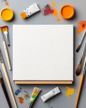 Creative workspace with blank canvas, brushes, and paint ready for an artistic project at a home studio during daylight