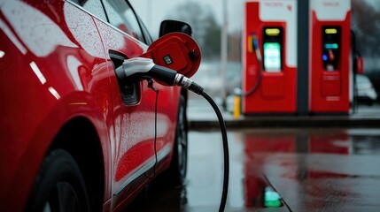 Naklejka premium Red electric car charging at station on rainy day, clean energy and eco-friendly transportation