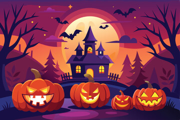 Spooky Halloween Night with Haunted House and Pumpkins