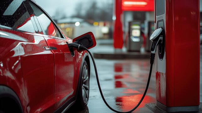 Red electric car charging at station on rainy day, clean energy and eco-friendly transportation