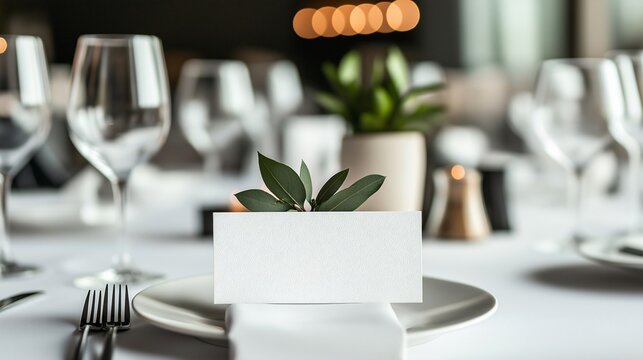 Elegant table setting with glassware and place card at a modern restaurant during a formal dining experience