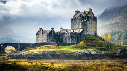 Breathtaking View of the Scottish Highlands with Historic Castle and Dramatic Mountain Backdrop