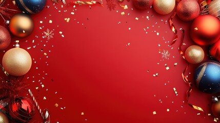 Vibrant Christmas Ornaments and Decorations on a Red Background