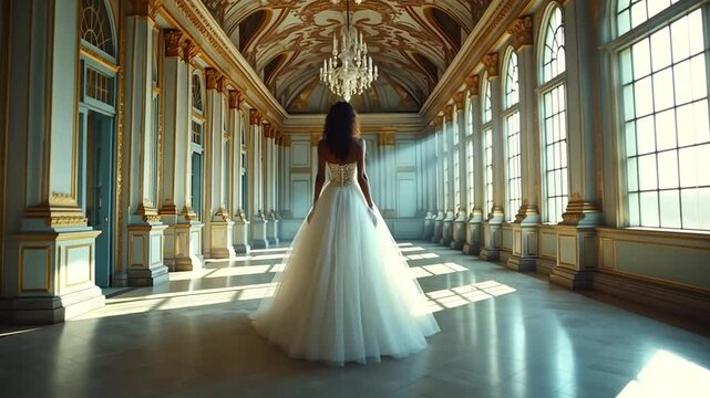 Bride in a White Wedding Dress Walking Through a Grand Hall with Sunbeams Streaming Through Windows