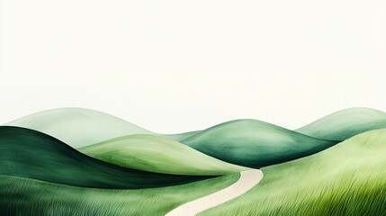 Obraz premium A green landscape painting features two white roads running parallel across the canvas's center