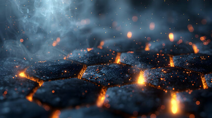 3D Abstract Background with Hexagon Pattern and Glowing Embers