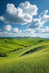 Fototapeta premium Lush green rolling hills under a partially cloudy sky in a serene landscape during midday