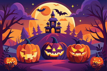 Halloween Night Pumpkins Glowing In Moonlight