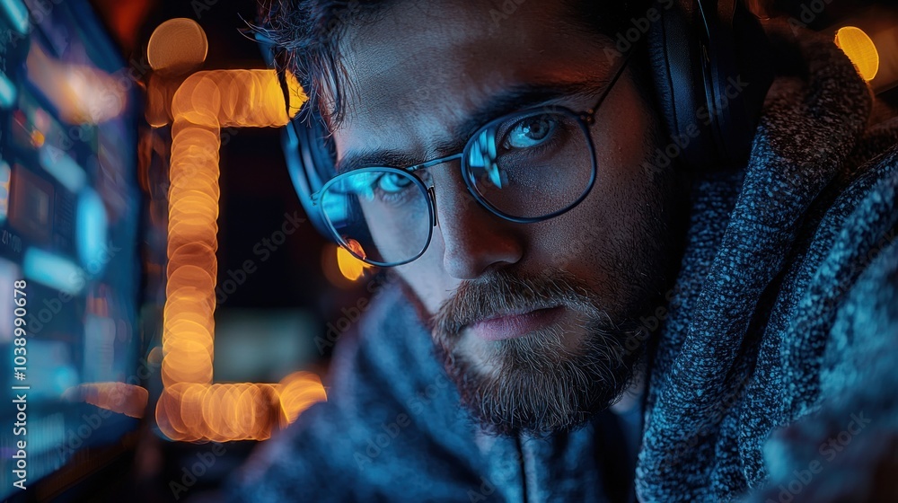 Poster close-up portrait of a man wearing headphones and glasses looking intensely at a computer screen in 
