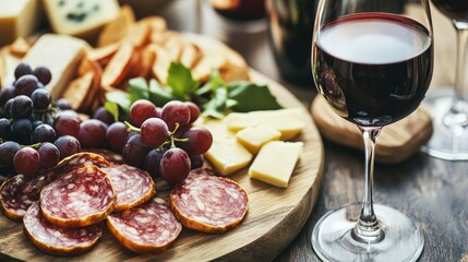 Close-Up of an Elegant Wine and Cheese Platter on a Wooden Board with Salami, Grapes, and Crackers