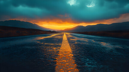 Obraz premium Wet Road Through Mountain Pass at Sunset - Landscape Photography