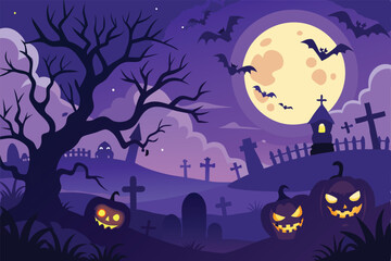 Spooky Halloween Night Cemetery Scene with JackOLanterns