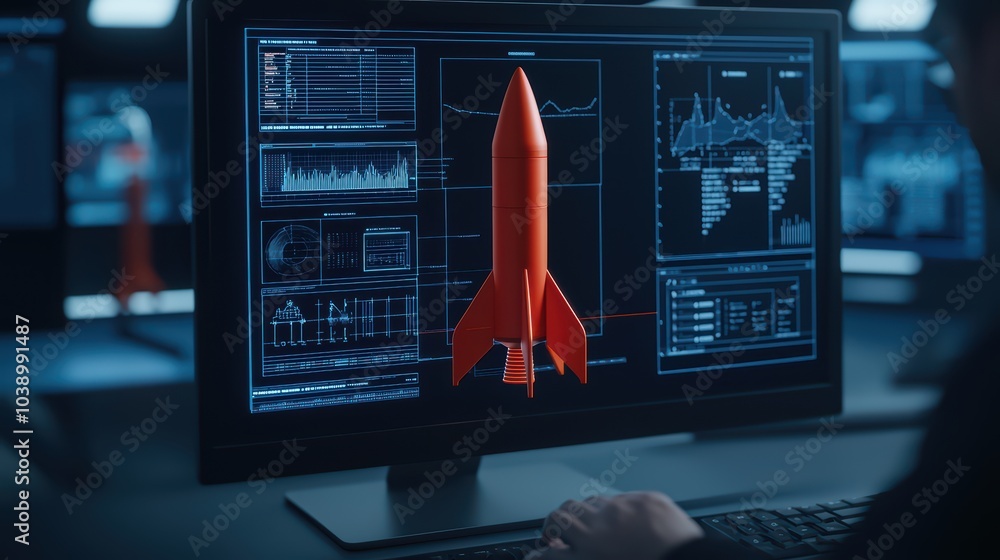 Poster a digital rocket model displayed on a computer screen with analytical data in a modern workspace.
