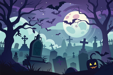 Spooky Halloween Graveyard Night Bats Moon