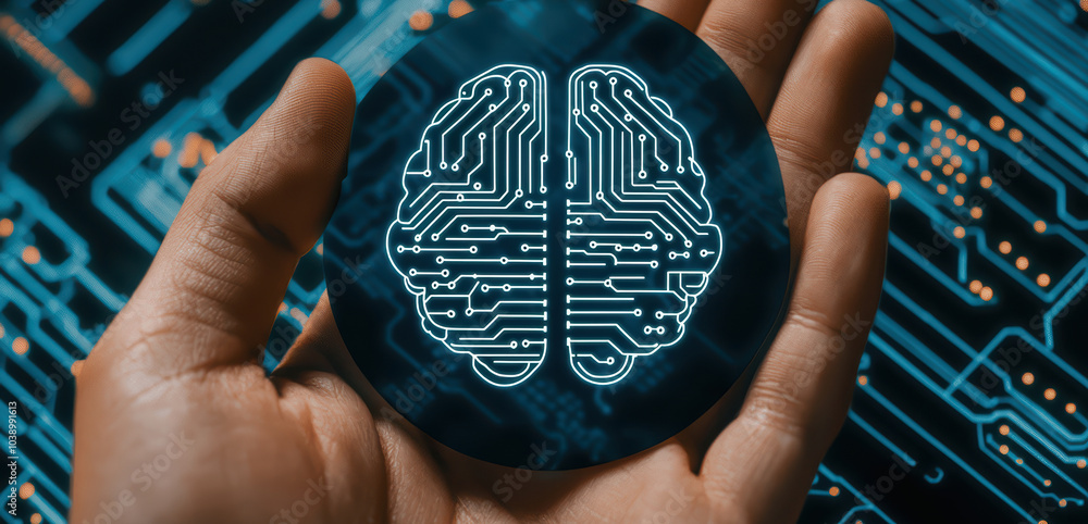 Aufkleber a hand holding a circular chip with a brain circuit design, representing innovation in technology.