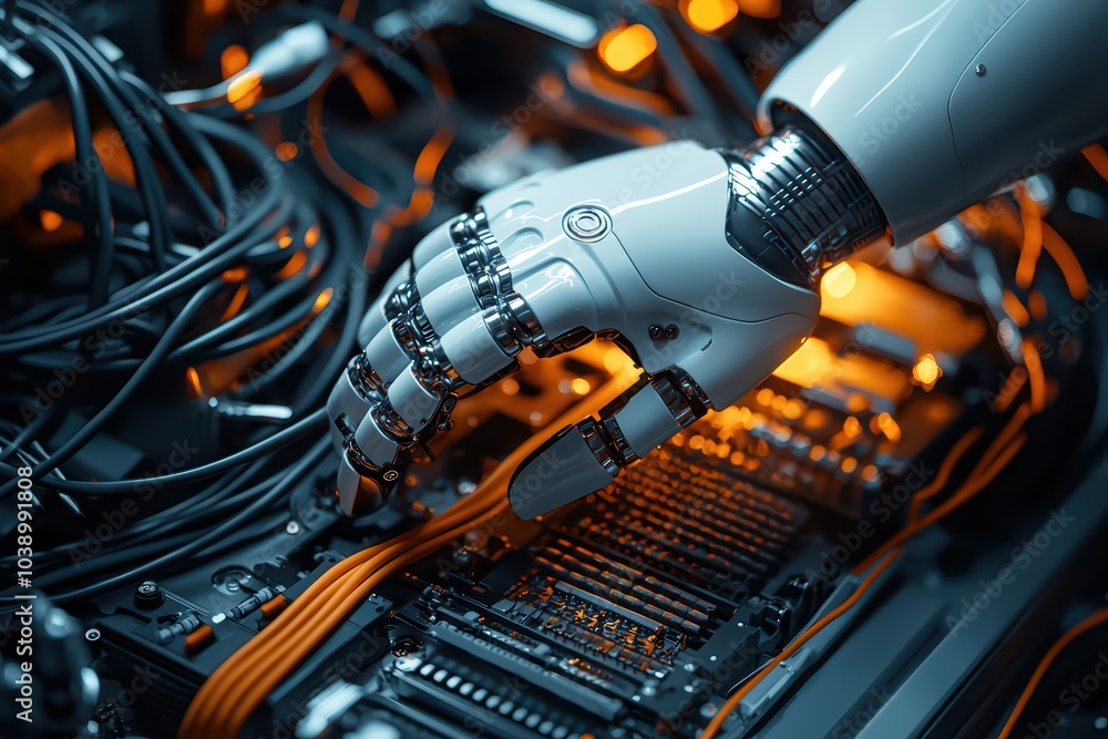 Poster a robotic hand interacting with computer circuitry in a high-tech environment.