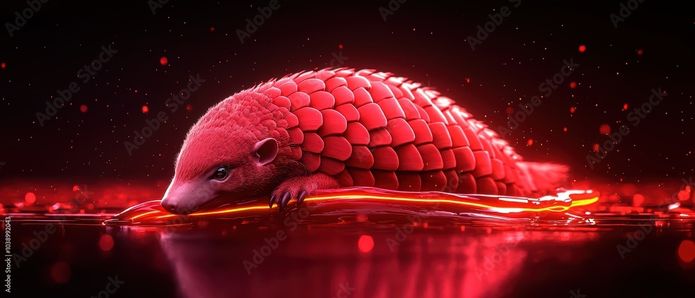 Poster a vibrant red pangolin lying on a reflective surface with glowing elements in the background.