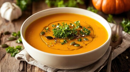 Creamy Pumpkin Soup Garnished with Fresh Parsley and Pumpkin Seeds for a Perfect Autumn Comfort Dish