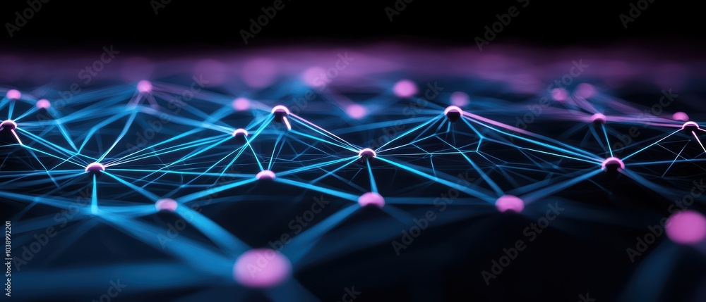 Poster abstract tech background with interconnected nodes and lines in vibrant colors.
