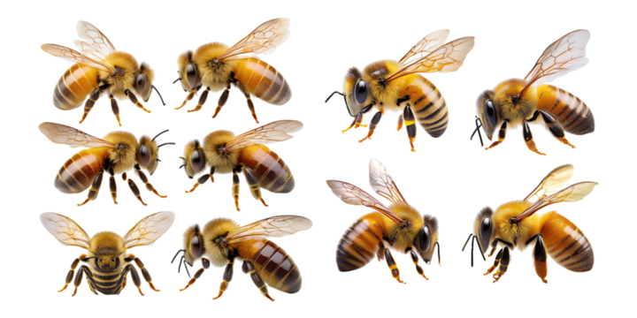 Realistic Bees Collection for Illustrations and Designs, PNG collection, set bundle, isolate on transparent or white background