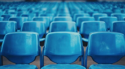 Fototapeta premium Blue stadium seats arranged in rows at a sports venue ready for upcoming event