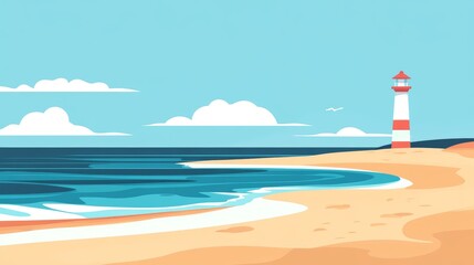 Tranquil Beachside Lighthouse under Clear Blue Skies. Flat Minimalist Illustration